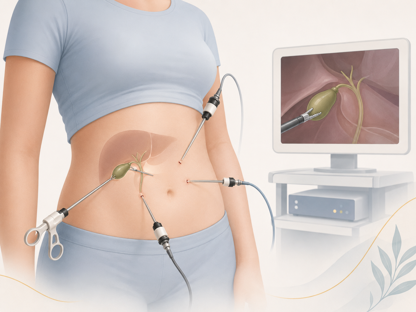 Ilustração educativa de uma colecistectomia videolaparoscópica realizada por pequenas incisões